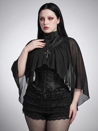 SHEIN ICON Women's Plus Size Retro Sexy Millennial Style Y2K Dark Elegant Gothic Court Style Satin Jacquard Chiffon High Neck Shawl Top Winter