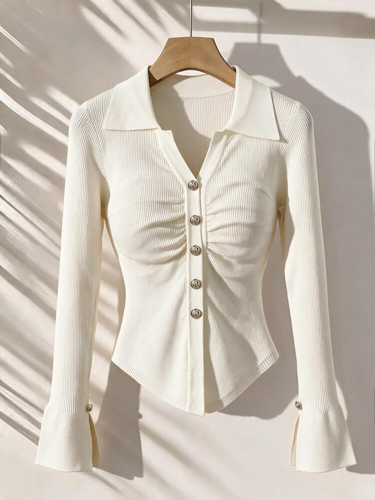 Balvessa 2000s French Style Slim Fit Vintage Pleated Women's Sweater, Spring/Autumn - White - View 1