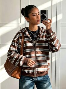 青少年女孩復古棕藍白條紋連帽拉鍊運動外套，休閒寬鬆長袖開襟運動上衣，對比色學生百搭秋冬美式風格 - 彩色 - 查看 1