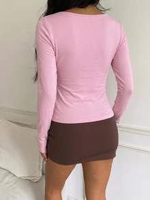 CovetEZ 休閒極簡風粉色 95% 棉女款方領長袖 T 恤，秋冬百搭內搭層 - 粉色 - 查看 2