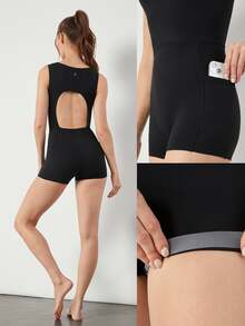 GLOWMODE 2.5'' ButterFit Sweat-Wicking Quick-Dry Tummy Control Cutout Back Workout Romper Bodyduit With Side Pockets Non-Slip Grips Yoga Pilates - Black - View 9