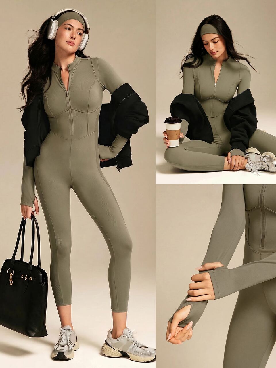 24" ButterFit Glow Giver Soft Breathable Sweat-Wicking Front Zipper Thumbholes Deep V-Back Seams Removable Cups Long-Sleeve Jumpsuit Spring