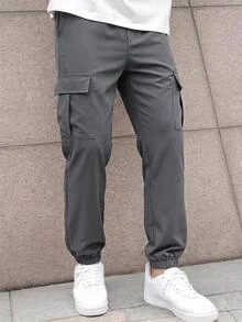 3件組青少年男孩純色翻蓋口袋運動長褲，休閒多色寬腿秋冬長褲套裝，黑色、灰色、海軍藍 - 彩色 - 查看 4