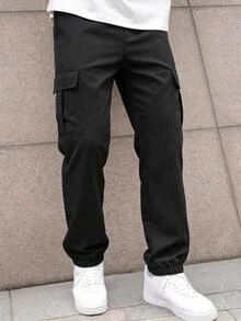 3件組青少年男孩純色翻蓋口袋運動長褲，休閒多色寬腿秋冬長褲套裝，黑色、灰色、海軍藍 - 彩色 - 查看 3