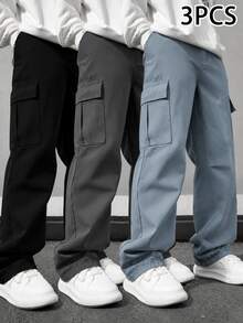 3件組青少年男孩純色翻蓋口袋運動長褲，休閒多色寬腿秋冬長褲套裝，黑色、灰色、海軍藍 - 彩色 - 查看 1