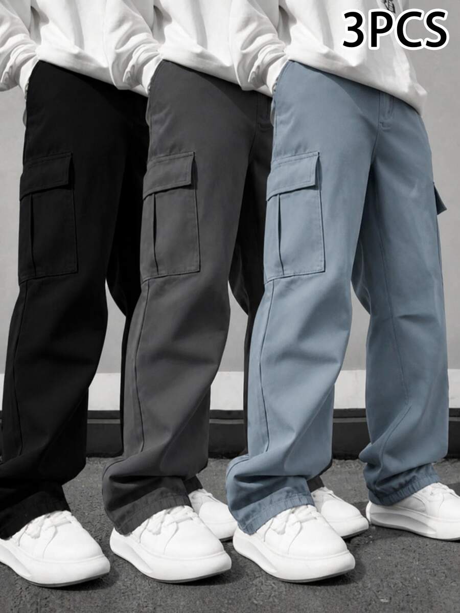 3件組青少年男孩純色翻蓋口袋運動長褲,休閒多色寬腿秋冬長褲套裝,黑色、灰色、海軍藍 - 彩色 - 查看 1