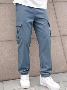3件組青少年男孩純色翻蓋口袋運動長褲，休閒多色寬腿秋冬長褲套裝，黑色、灰色、海軍藍 - 彩色 - 查看 5