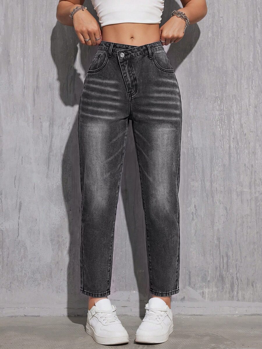 Jeanoix Casual Washed Asymmetric Waist Denim Jeans - Dark Grey - View 1