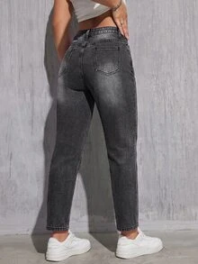 Jeanoix Casual Washed Asymmetric Waist Denim Jeans - Dark Grey - View 2