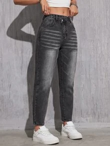 Jeanoix Casual Washed Asymmetric Waist Denim Jeans - Dark Grey - View 3