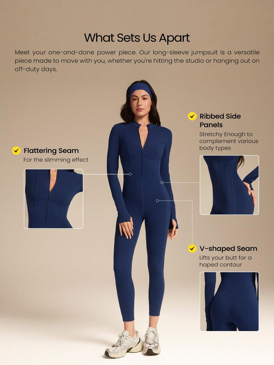 24" ButterFit Glow Giver Soft Breathable Sweat-Wicking Front Zipper Thumbholes Deep V-Back Seams Removable Cups Long-Sleeve Jumpsuit Spring