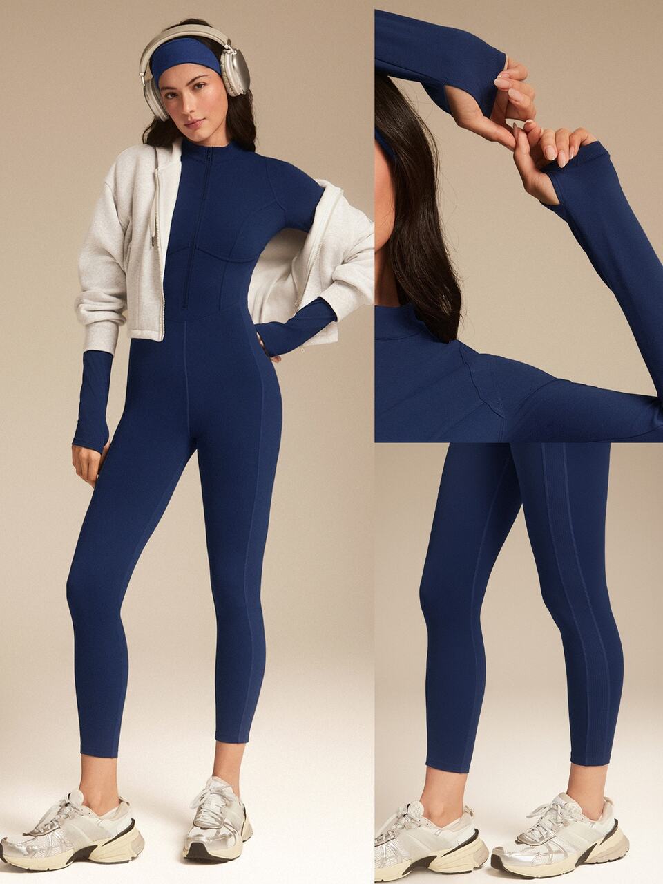 24" ButterFit Glow Giver Soft Breathable Sweat-Wicking Front Zipper Thumbholes Deep V-Back Seams Removable Cups Long-Sleeve Jumpsuit Spring