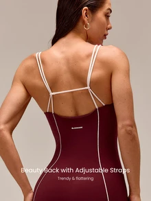 GLOWMODE Summer Ease Lightweight Quick-Dry Open-Back Bodysuit With Adjustable Back Straps Anti-Slip Grips Yoga Pilates Studio Daily Active Wear - Burgundy - View 3