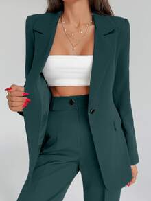 SHEIN مجموعة ملابس نسائية مقاس كبير بلون أخضر داكن موحد، طقم من قطعتين أنيق يتكون من جاكيت بليزر وبنطلون - أخضر داكن - مشاهدة 8