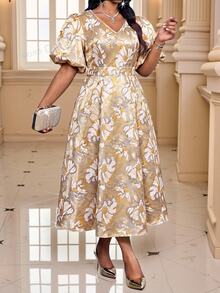 Fleurora Plus Size Women V-Neck Floral Pattern Elegant Waist-Cinching Party & Travel Dress - Yellow - View 3