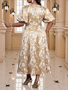 Fleurora Plus Size Women V-Neck Floral Pattern Elegant Waist-Cinching Party & Travel Dress - Yellow - View 2