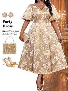 Fleurora Plus Size Women V-Neck Floral Pattern Elegant Waist-Cinching Party & Travel Dress - Yellow - View 1