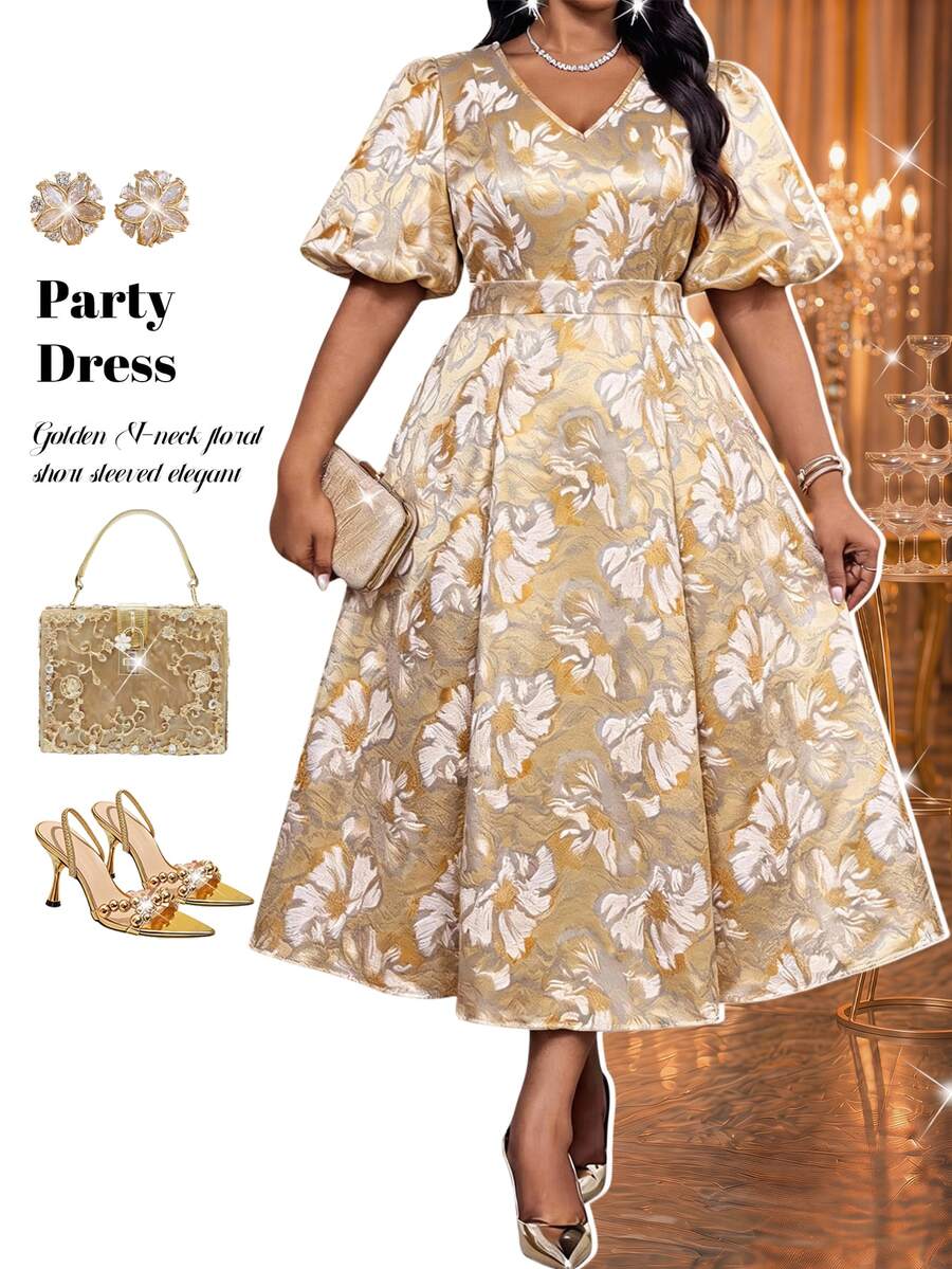 Fleurora Plus Size Women V-Neck Floral Pattern Elegant Waist-Cinching Party & Travel Dress - Yellow - View 1