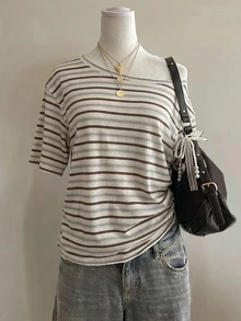 SHEIN EZwear Women's Casual Vintage Off-Shoulder Loose T-Shirt, American Retro Striped T-Shirt, Vintage, Y2K Style, Suitable For Daily Commute, Dating, Gathering, Autumn/Winter/Spring/Summer, Christmas, New Year, Thanksgiving, Party, Wedding, Beach, Graduation, Fashion, Elegant, Casual, Outing, Dating, Appointment, Commute - Multicolor - View 6