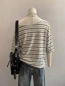SHEIN EZwear Women's Casual Vintage Off-Shoulder Loose T-Shirt, American Retro Striped T-Shirt, Vintage, Y2K Style, Suitable For Daily Commute, Dating, Gathering, Autumn/Winter/Spring/Summer, Christmas, New Year, Thanksgiving, Party, Wedding, Beach, Graduation, Fashion, Elegant, Casual, Outing, Dating, Appointment, Commute - Multicolor - View 5