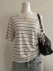 SHEIN EZwear Women's Casual Vintage Off-Shoulder Loose T-Shirt, American Retro Striped T-Shirt, Vintage, Y2K Style, Suitable For Daily Commute, Dating, Gathering, Autumn/Winter/Spring/Summer, Christmas, New Year, Thanksgiving, Party, Wedding, Beach, Graduation, Fashion, Elegant, Casual, Outing, Dating, Appointment, Commute - Multicolor - View 3