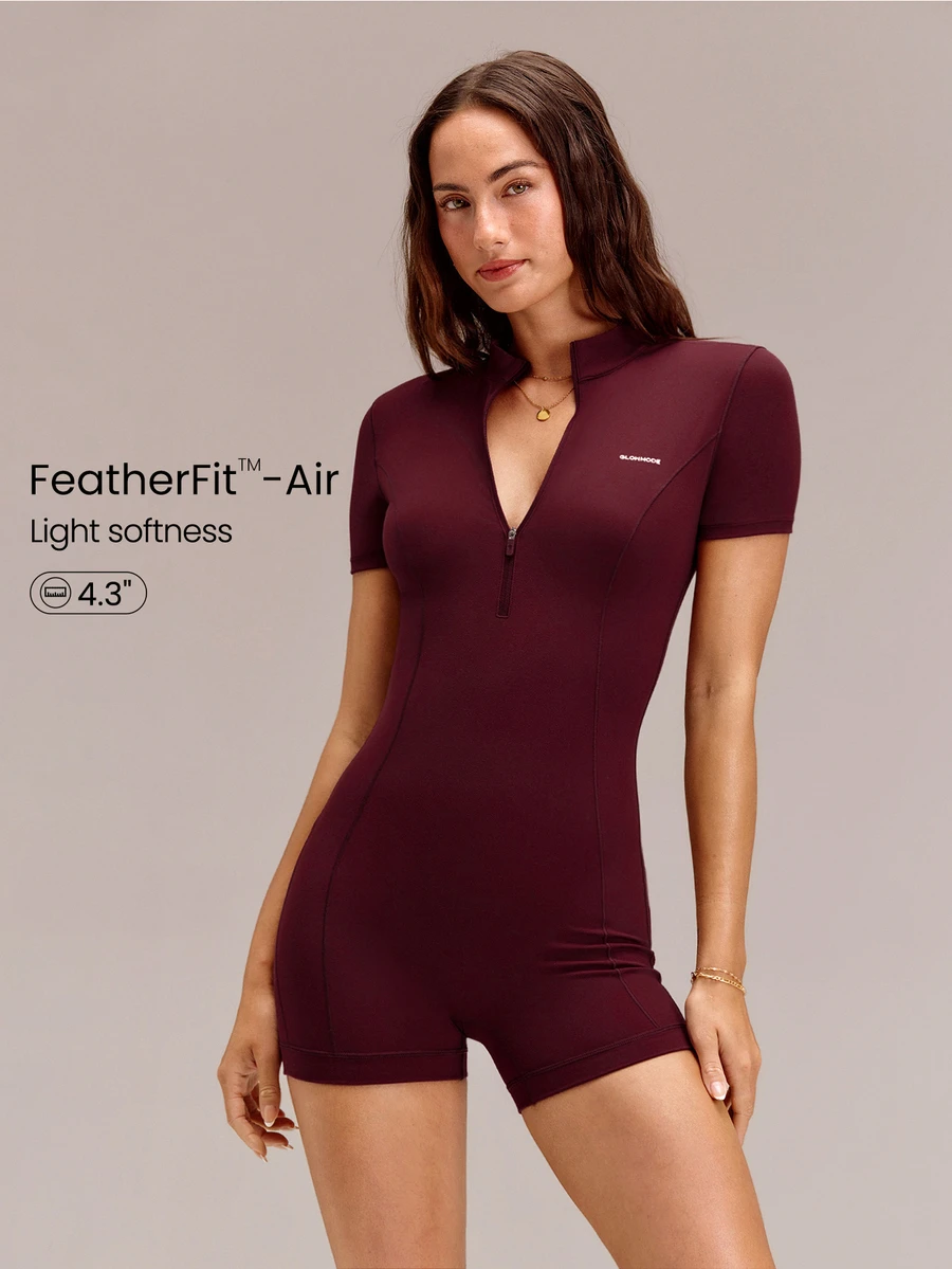GLOWMODE 4.3" ButterFit GlowSuit Quick-Dry UV Protection Short Sleeve Front Zipper Curved Paneling Back Seam Design Anti-Slip Hem Zip Bodysuit Summer - Burgundy - View 1