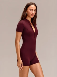 GLOWMODE 4.3" ButterFit GlowSuit Quick-Dry UV Protection Short Sleeve Front Zipper Curved Paneling Back Seam Design Anti-Slip Hem Zip Bodysuit Summer - Burgundy - View 4