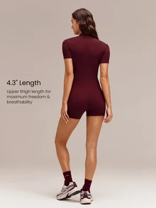 GLOWMODE 4.3" ButterFit GlowSuit Quick-Dry UV Protection Short Sleeve Front Zipper Curved Paneling Back Seam Design Anti-Slip Hem Zip Bodysuit Summer - Burgundy - View 2