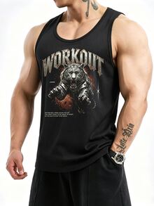 GymBeat 男士口號印花日常健身運動背心 - 黑色 - 查看 6