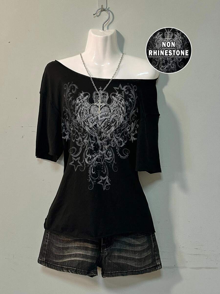 Attitoon Casual Heart With Wing Print Slouchy T-Shirt For Women, Suitable For Summer Back To School - Black - View 1