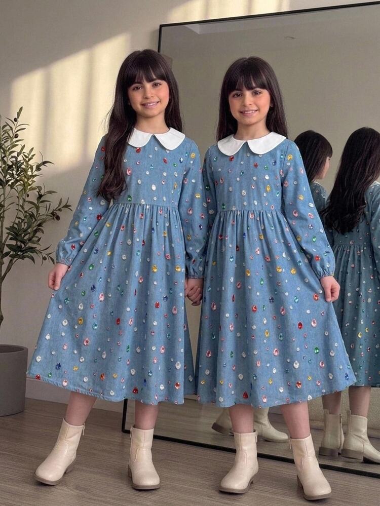 SHEIN Kids Tween Girl Autumn/Winter Casual Vacation Elegant Colorblock Doll Collar Patchwork Denim-Like Diamond Print Long Sleeve Ruched Full Skirt Fitted Dress - Blue - View 6