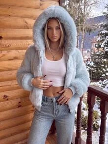 SHEIN ICON Women's Going Out Blue Solid Color Long Sleeve Zip-Up Hooded Faux Fur Jacket Fall/Winter - Baby Blue - View 1