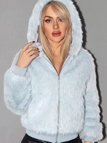 SHEIN ICON Women's Going Out Blue Solid Color Long Sleeve Zip-Up Hooded Faux Fur Jacket Fall/Winter - Baby Blue - View 9
