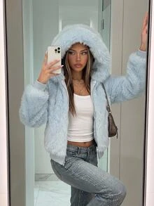 SHEIN ICON Women's Going Out Blue Solid Color Long Sleeve Zip-Up Hooded Faux Fur Jacket Fall/Winter - Baby Blue - View 4