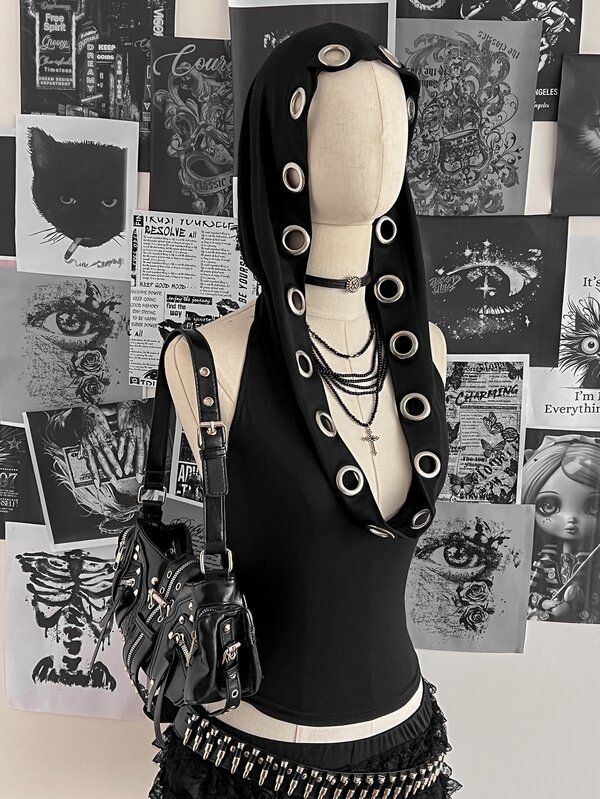 Attitoon Women's Retro Goth Streetwear Sexy Y2K Music Festival Punk Backless Hooded Halter Top Club Nightout Black Summer