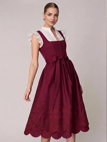 Fairmaia Gaun Festival Bir Elegan Model A-Line dengan Bordir dan Desain Baru yang Mengencangkan Pinggang - Burgundy - View 4