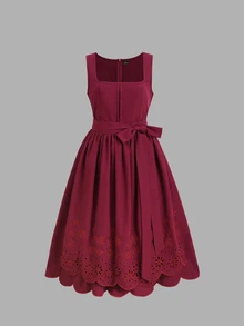 Fairmaia Gaun Festival Bir Elegan Model A-Line dengan Bordir dan Desain Baru yang Mengencangkan Pinggang - Burgundy - View 7