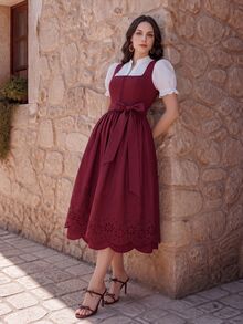 Fairmaia Gaun Festival Bir Elegan Model A-Line dengan Bordir dan Desain Baru yang Mengencangkan Pinggang - Burgundy - View 3