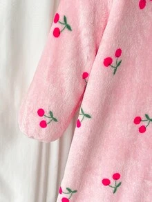 SHEIN 少女秋/冬甜美可愛粉色櫻桃印花加厚雙面珊瑚絨連帽長袖居家服睡袍睡衣女童睡袍 - 粉色 - 查看 4