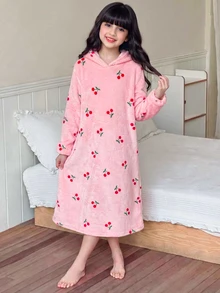SHEIN 少女秋/冬甜美可愛粉色櫻桃印花加厚雙面珊瑚絨連帽長袖居家服睡袍睡衣女童睡袍 - 粉色 - 查看 7