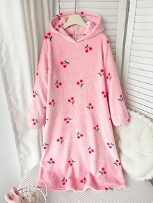 SHEIN 少女秋/冬甜美可愛粉色櫻桃印花加厚雙面珊瑚絨連帽長袖居家服睡袍睡衣女童睡袍 - 粉色 - 查看 3