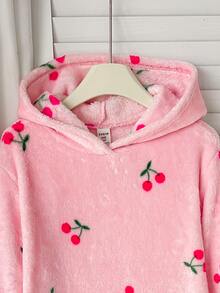 SHEIN 少女秋/冬甜美可愛粉色櫻桃印花加厚雙面珊瑚絨連帽長袖居家服睡袍睡衣女童睡袍 - 粉色 - 查看 5