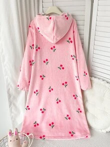 SHEIN 少女秋/冬甜美可愛粉色櫻桃印花加厚雙面珊瑚絨連帽長袖居家服睡袍睡衣女童睡袍 - 粉色 - 查看 2