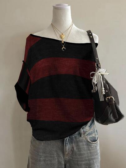 Attitoon Casual Minimalist Black & Red Full Print Off Shoulder Loose Short Sleeve T-Shirt For Women, Suitable For Summer,Fall Tops