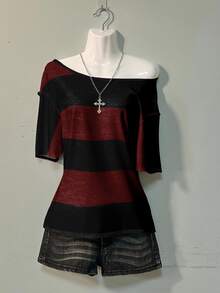 Attitoon Casual Minimalist Black & Red Full Print Off Shoulder Loose Short Sleeve T-Shirt For Women, Suitable For Summer,Fall Tops - Multicolor - View 4