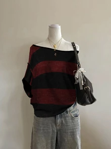 Attitoon Casual Minimalist Black & Red Full Print Off Shoulder Loose Short Sleeve T-Shirt For Women, Suitable For Summer,Fall Tops - Multicolor - View 2