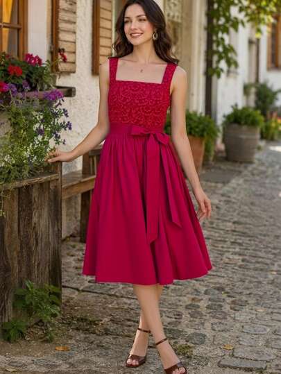 Fairmaia Elegant Traditional Cultural Bollywood Vintage Sleeveless Dress For Women Dirndl Floral Square Neck With Apron Oktoberfest German Red Summer Party