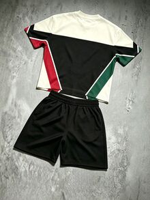 Manfinity EMRG Men's Loose Fit Letter Graphic Colorblock T-Shirt And Drawstring Shorts Set, Short Sleeve 2 Pieces Outfit, Suitable For Streetwear And Vacation Wear - Multicolor - View 2