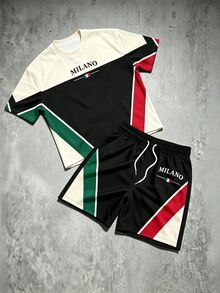 Manfinity EMRG Men's Loose Fit Letter Graphic Colorblock T-Shirt And Drawstring Shorts Set, Short Sleeve 2 Pieces Outfit, Suitable For Streetwear And Vacation Wear - Multicolor - View 4