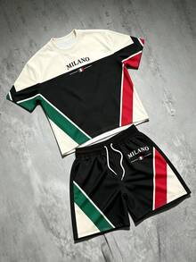 Manfinity EMRG Men's Loose Fit Letter Graphic Colorblock T-Shirt And Drawstring Shorts Set, Short Sleeve 2 Pieces Outfit, Suitable For Streetwear And Vacation Wear - Multicolor - View 3
